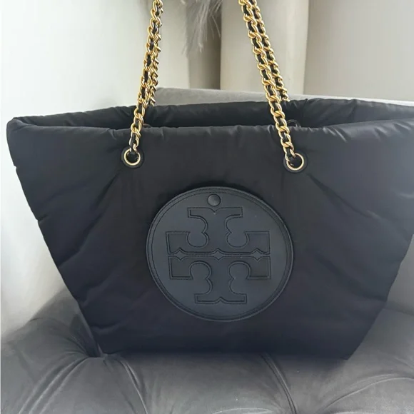 Tory Burch Black and Gold Quilted Nylon Tote - Picture 1 of 7